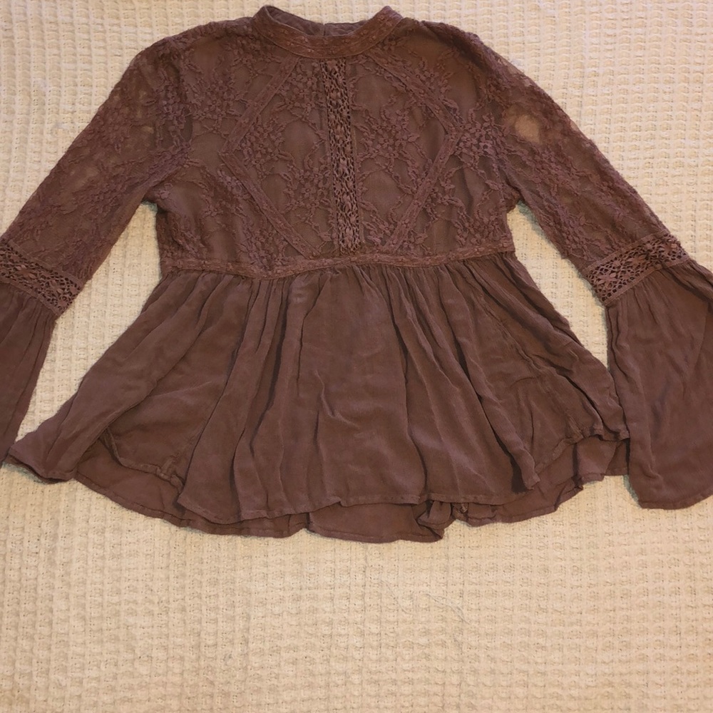 Dusty rose colored, flowy, bell sleeve shirt